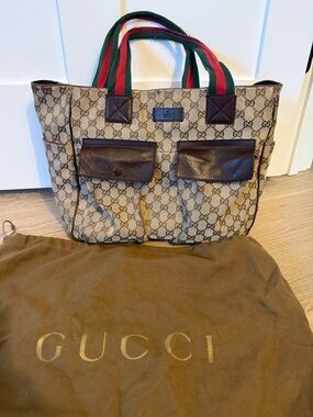 Gucci Brown GG Canvas Tote with Brown Leather Trim and Red-Green Web Handles